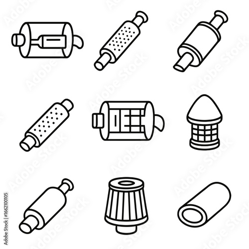 Exhaust System Icons. Outline style icon of Exhaust Silencers & Mufflers: reactive chamber muffler, absorptive straight-pipe,