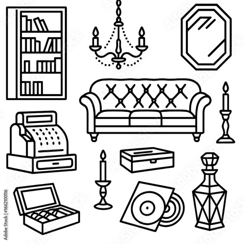 Speakeasy Icon Elements. Outline style icon of Speakeasy Decor: hidden bookcase door, low chandelier, tufted sofa, vintage cash