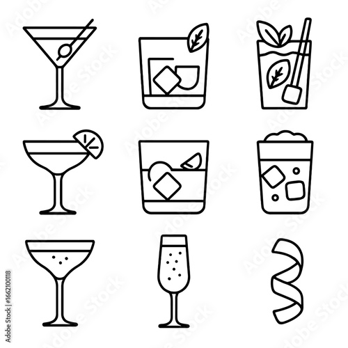 Cocktail Outlines. Outline style icon of Cocktail Lounge Drinks: martini glass, old fashioned, mojito mint, cosmopolitan, negroni
