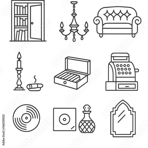 Speakeasy Icon Elements. Outline style icon of Speakeasy Decor: hidden bookcase door, low chandelier, tufted sofa, vintage cash
