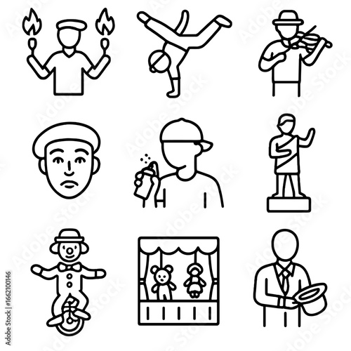Street Performer Icons. Outline style icon of Street Performer Acts: fire juggler, breakdancer spin, violin busker, mime face,