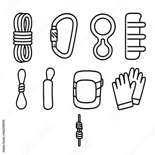 Rappelling Gear Outlines. Outline style icon of Rappelling Hardware: static rope coil, locking carabiner, figure-8 descender,