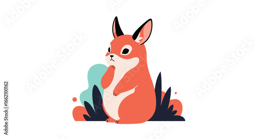 Thinking fox animal cute cartoon character sitting in nature among plants