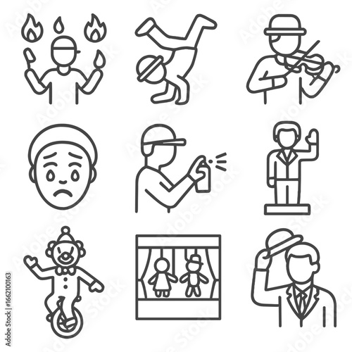 Street Performer Icons. Outline style icon of Street Performer Acts: fire juggler, breakdancer spin, violin busker, mime face,
