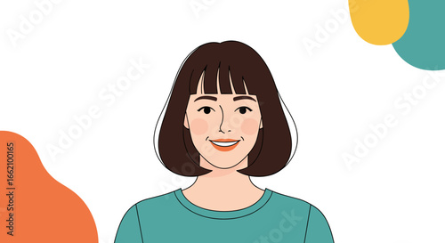 Friendly woman with bob haircut and smiling face in casual teal shirt