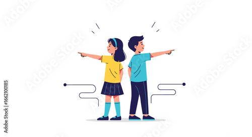 Two young children pointing in opposite directions showing divergent thinking and independent choices