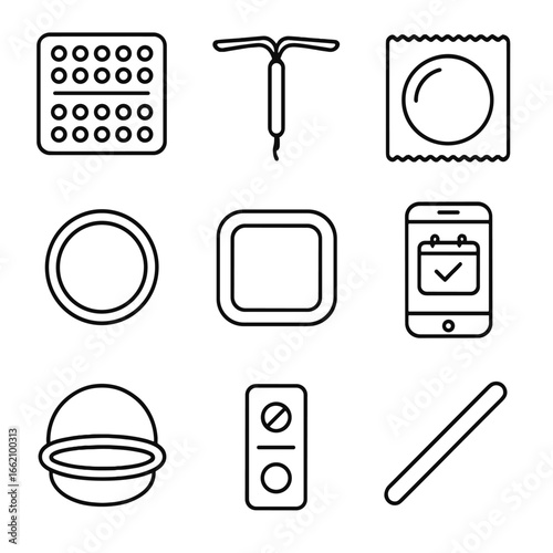 Contraceptive Options Outline. Outline style icon of Contraception Options: birth control pill pack, IUD device, condom wrapper,