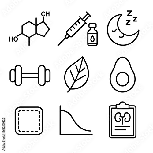 Hormone Balance Icons. Outline style icon of Testosterone & Hormone Balance: testosterone molecule, blood test syringe, sleep moon