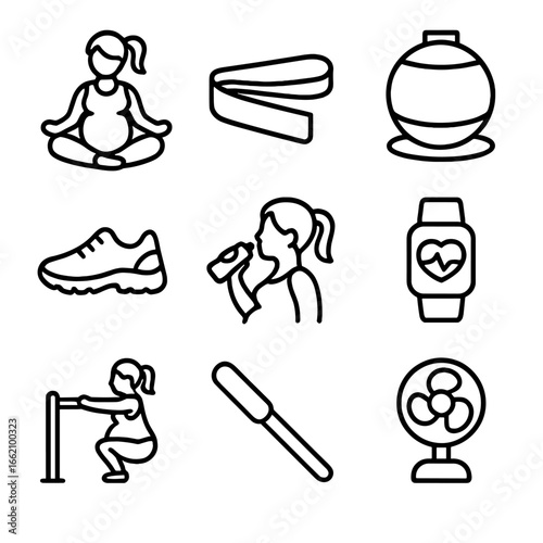 Pregnancy Fitness Icons. Outline style icon of Pregnancy Fitness: prenatal yoga pose, resistance band, birthing ball, walking shoe