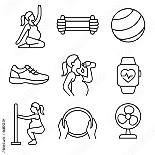 Pregnancy Fitness Icons. Outline style icon of Pregnancy Fitness: prenatal yoga pose, resistance band, birthing ball, walking shoe