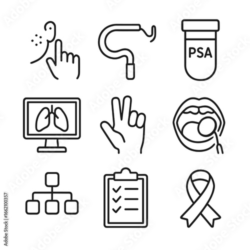 Male Cancer Screening Icons. Outline style icon of Male Cancer Screening: skin mole check, colonoscopy scope, prostate PSA tube,