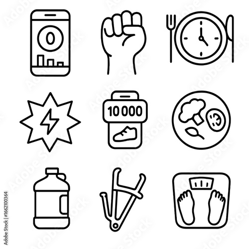 Weight Management Icons. Outline style icon of Weight Management Strategies: calorie tracker app, portion control fist, meal