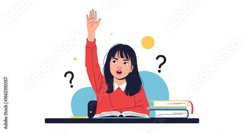 Young student raising hand eagerly to answer question in classroom with books stacked