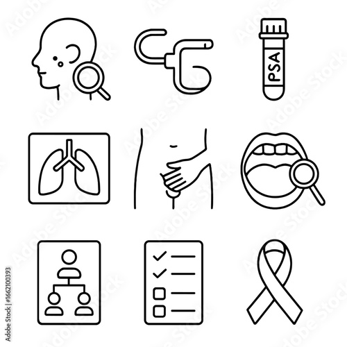 Male Cancer Screening Icons. Outline style icon of Male Cancer Screening: skin mole check, colonoscopy scope, prostate PSA tube,
