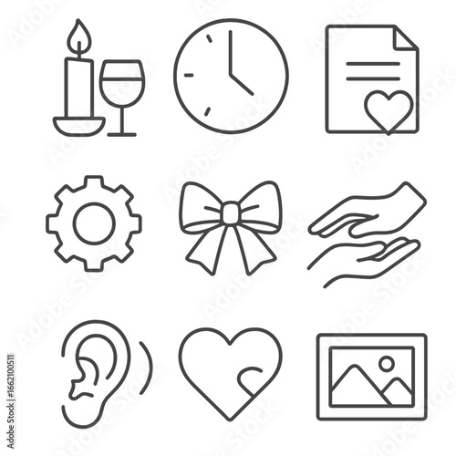 Relationship Care Icons. Outline style icon of Relationship Care Actions: date night candle, quality time clock, words of