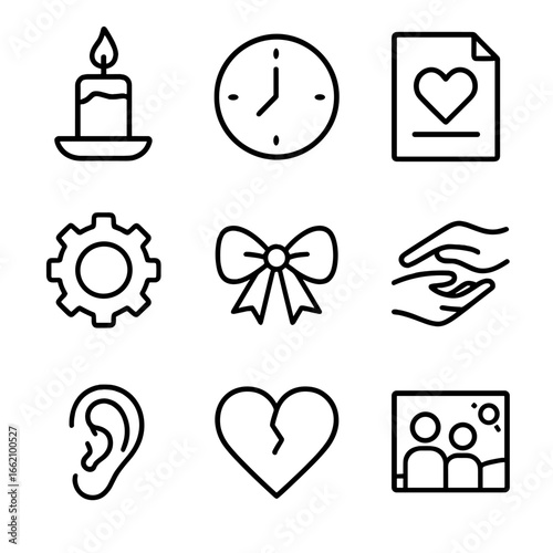 Relationship Care Icons. Outline style icon of Relationship Care Actions: date night candle, quality time clock, words of