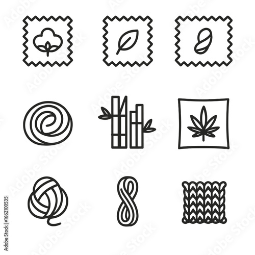Fabric Types Icons. Outline style icon of Fabric Types for Dyeing: cotton swatch, linen swatch, silk swatch, wool roving, bamboo