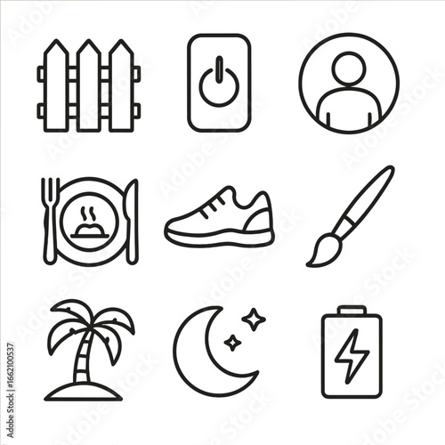 Work-Life Balance Icons. Outline style icon of Work-Life Balance Points: boundary fence, shutdown ritual switch, focus zone bubble