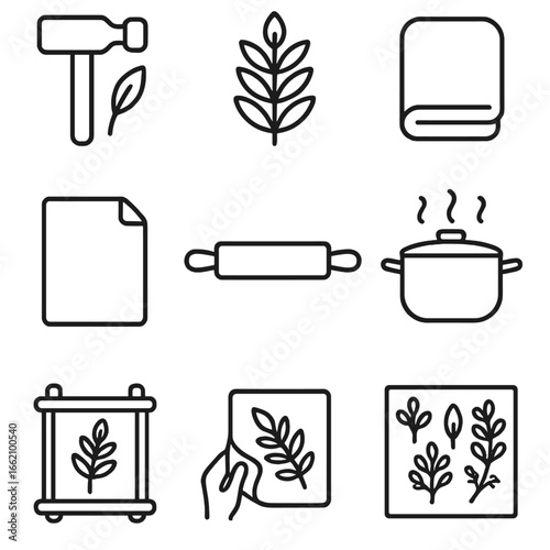 Eco-Printing Icons. Outline style icon of Eco-Printing Toolkit: plant hammer, fern leaflet, iron blanket, parchment sheet, rolling