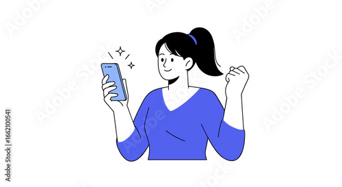 Excited young woman celebrating success while holding her smartphone device