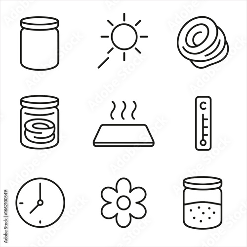 Solar Dye Setup Icons. Outline style icon of Solar Dye Setup: glass jar, sunlight ray, fabric coil, screw lid, heat mat,