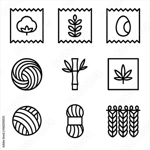 Fabric Types Icons. Outline style icon of Fabric Types for Dyeing: cotton swatch, linen swatch, silk swatch, wool roving, bamboo