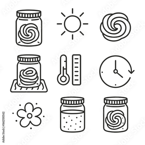 Solar Dye Setup Icons. Outline style icon of Solar Dye Setup: glass jar, sunlight ray, fabric coil, screw lid, heat mat,