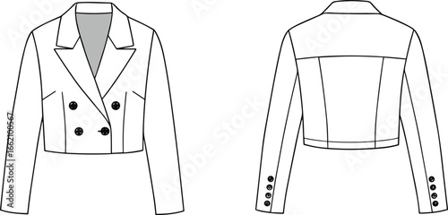 Flat cad fashion drawing of cropped double breasted blazer jacket with long sleeves, tailored collar, button details, vector illustration sketch