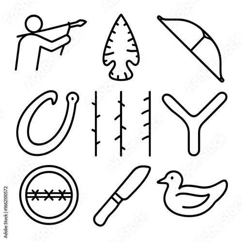 Ancestral Hunting Tools Icons. Outline style icon of Ancestral Hunting Tools: atlatl thrower, obsidian point, sinew-backed bow,
