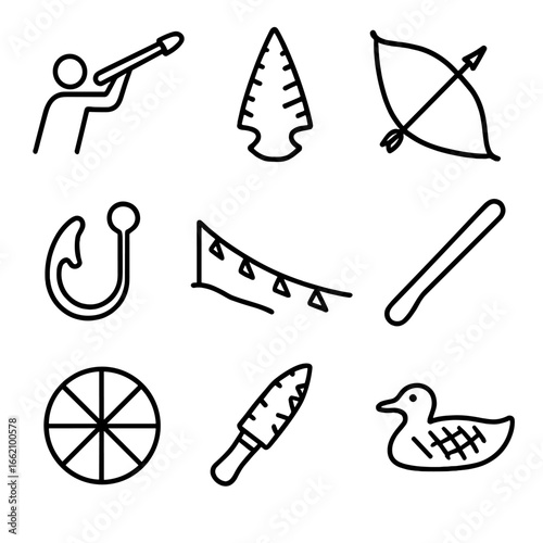 Ancestral Hunting Tools Icons. Outline style icon of Ancestral Hunting Tools: atlatl thrower, obsidian point, sinew-backed bow,