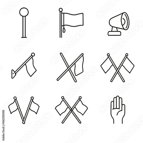 Flag Etiquette Icons. Outline style icon of Flag Display Etiquette: flagpole finial ball, halyard rope, half-mast position,