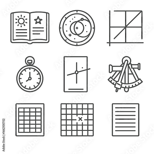 Nautical Navigation Tools. Outline style icon of Celestial Sight Reduction: nautical almanac, star finder disk, Hc-Zn graph,