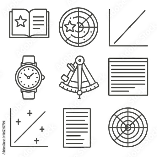 Nautical Navigation Tools. Outline style icon of Celestial Sight Reduction: nautical almanac, star finder disk, Hc-Zn graph,