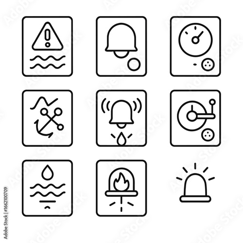 Bridge Alarm Icons. Outline style icon of Bridge Alarm Panels: off-course alarm, gyro failure bell, depth low buzzer, anchor drag