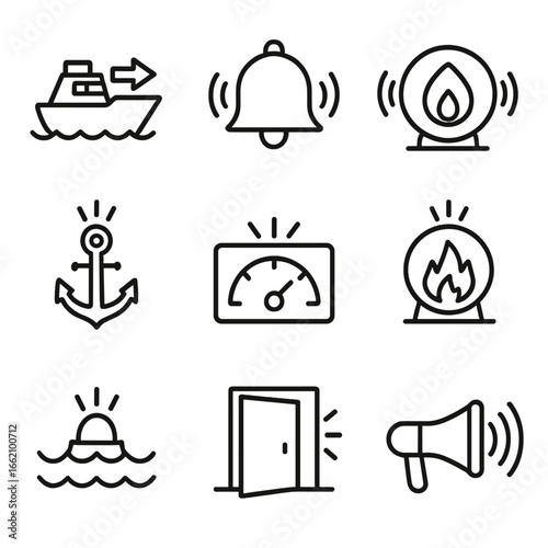 Bridge Alarm Icons. Outline style icon of Bridge Alarm Panels: off-course alarm, gyro failure bell, depth low buzzer, anchor drag