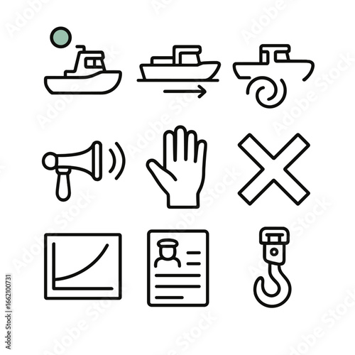 Harbour Tug Signal Icons. Outline style icon of Harbour Tug Signals: towline green light, pushing alongside dash, astern power