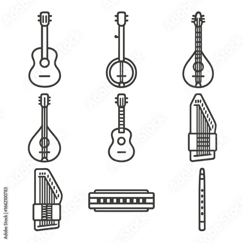 Folk Instrument Icons. Outline style icon of Folk Instruments: acoustic guitar, banjo, mandolin, bouzouki, ukulele, dulcimer,