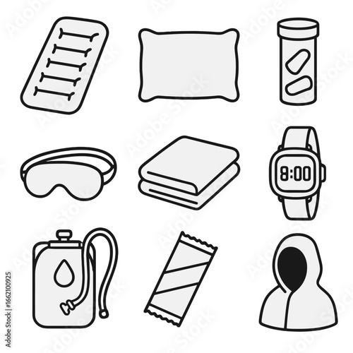 Emergency Nap Kit Icon. Outline style icon of Emergency Nap Kit: inflatable mat, compact pillow, earplugs tube, shade eye mask,