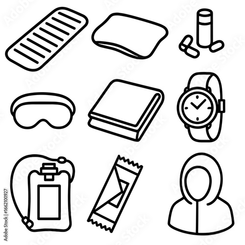 Emergency Nap Kit Icon. Outline style icon of Emergency Nap Kit: inflatable mat, compact pillow, earplugs tube, shade eye mask,