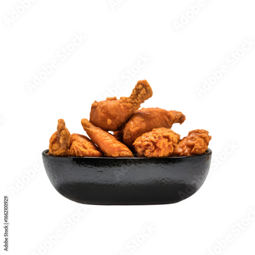 Assortment of Fried Chicken Pieces in a Black Bowl Keywords: fried chicken, chicken pieces, chicken wings, chicken drumsticks, chicken tenders, crispy chicken, breaded chicken, fast food