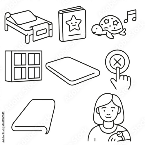 Kindergarten Nap Time. Outline style icon of Child Kindergarten Nap: tiny cot, name tag blanket, storybook, night-light turtle,