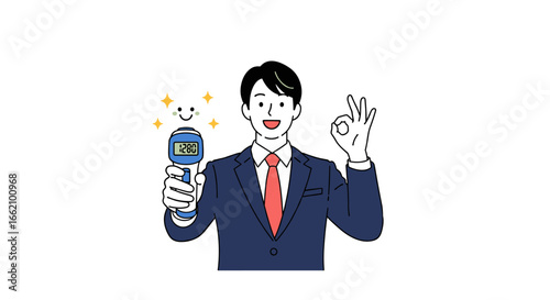 Businessman shows accurate temperature reading with digital device gesturing ok sign