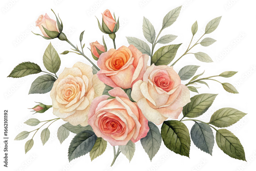 Naklejka premium Watercolor rose bouquet illustration, hand painted peach and cream floral arrangement, botanical pink roses graphic design element for wedding invitations and stationery isolated on Transparent