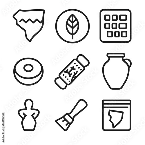 Archaeological Clay Icons. Outline style icon of Archaeological Clay Finds: pot shard, imprint stamp, clay tablet, spindle whorl,