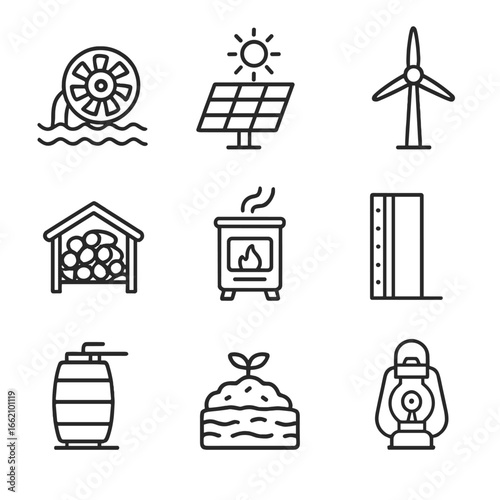 Sustainable Energy Icons. Outline style icon of Village Sustainable Energy: micro-hydro turbine, rooftop solar panel, wind turbine