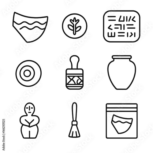 Archaeological Clay Icons. Outline style icon of Archaeological Clay Finds: pot shard, imprint stamp, clay tablet, spindle whorl,