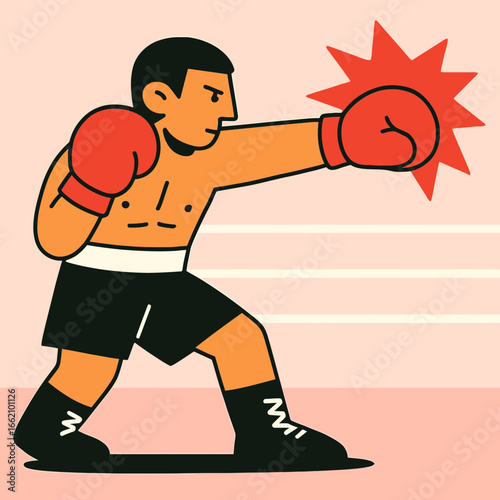 A Cartoon Boxer Lands A Forceful Punch In The Ring Depicted In A Stylized And Energetic Manner