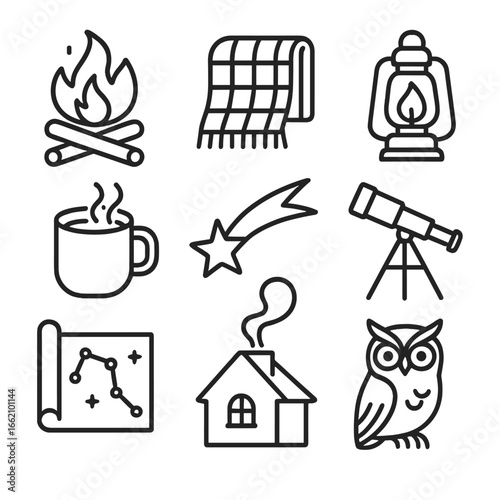 Evening Stargazing Icons. Outline style icon of Evening Hearth & Stargazing: crackling fire pit, wool blanket, lantern glow, hot