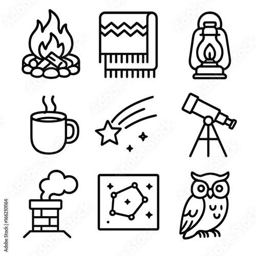 Evening Stargazing Icons. Outline style icon of Evening Hearth & Stargazing: crackling fire pit, wool blanket, lantern glow, hot
