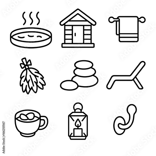 Hot Spring Icon. Outline style icon of Hot Spring & Wellness: steaming pool, wooden bathhouse, towel rack, herbal sauna bundle,